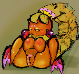anthro big_breasts blush breasts brown_body dark_sclera ear_piercing ear_ring female genitals green_hair hair nipples piercing plant ponytail princess ring_piercing royalty solo spread_legs spreading vulva yellow_eyes skedoodle majora's_mask nintendo the_legend_of_zelda deku_princess deku_(tloz) deku_scrub elemental_creature elemental_humanoid flora_fauna humanoid plant_humanoid absurd_res hi_res