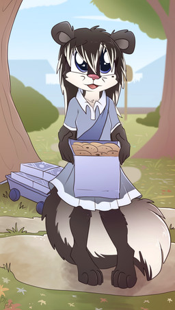 anthro biped black_body black_fur black_hair blue_eyes clothed clothing countershade_face countershade_tail countershade_torso countershading digitigrade dipstick_tail dress female fluffy fluffy_tail front_view fur girl_scout_cookies grey_clothing grey_dress hair highlights_(coloring) looking_at_viewer markings multicolored_body open_mouth pink_nose plant solo tail tail_markings tongue tree two_tone_body white_body white_countershading white_fur white_highlights young young_anthro young_female fuf girl_scout mammal mephitid skunk 2019 hi_res