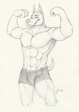abs anthro bulge clothed clothing flexing_muscles front_view glistening glistening_eyes grin looking_at_viewer male male_anthro muscular muscular_anthro muscular_male pecs pose simple_background smile solo standing tail topless hufnaar canid canine canis domestic_dog mammal 2017 absurd_res dated hi_res monochrome portrait sketch three-quarter_portrait