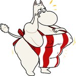 anthro apron apron_only belly big_breasts big_butt breasts butt clothed clothing expansion feet female fur huge_breasts looking_down mature_female mostly_nude nipple_outline overweight partially_clothed shocked simple_background skimpy small_feet solo standing thick_thighs white_body white_fur whiteraff the_moomins moominmamma mammal moomin 2021 digital_media_(artwork)