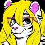 black_body black_fur blonde_hair blue_eyes eyewear female fur glasses hair slightly_chubby slightly_chubby_female solo whiskers white_body white_fur artistic_dot nyla_(whitekitteh) 1:1 hi_res nonbinary_(lore) trans_(lore) trans_woman_(lore)