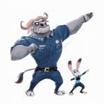 anthro badge clothing cloven_hooves duo female fur grey_body grey_fur hooves horn long_ears male police police_uniform pose size_difference uniform piti_yindee disney zootopia chief_bogo judy_hopps bovid bovine cape_buffalo lagomorph leporid mammal rabbit 1:1 hi_res