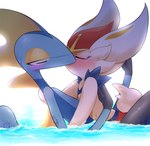 ambiguous/ambiguous ambiguous_gender anthro anthro_on_anthro blue_body blush duo eyes_closed fur glistening glistening_body glistening_water hug kissing romantic romantic_ambiance scut_tail short_tail tail water white_body white_fur mommomma114 nintendo pokemon cinderace generation_8_pokemon inteleon lagomorph leporid lizard mammal pokemon_(species) reptile scalie hi_res shaded