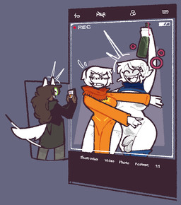 accessory alcohol balls beverage bottomwear bottomwear_down brown_hair bubble camera_view cellphone clothed clothing dark_body dark_skin dog_ears dog_tail drunk drunk_bubble electronics eyewear female flaccid flustered foreskin fully_clothed genitals glasses group gynomorph hair headband intersex obstructed_breasts open_mouth open_smile pants pants_down partially_clothed penis phone recording shirt_up smile substance_intoxication tail tail_motion tailwag trio wearing_glasses white_body white_hair white_skin xenopavilia homestuck ms_paint_adventures jade_harley rose_lalonde roxy_lalonde animal_humanoid canid canid_humanoid canine canine_humanoid dog_humanoid human humanoid mammal mammal_humanoid 2025