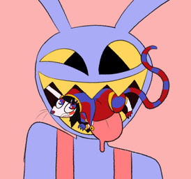 alternate_species anthro bodily_fluids drooling duo female feral imminent_vore jester_outfit male male/female mouth_play saliva sharp_teeth teeth tongue tongue_out chimeracocks glitch_productions the_amazing_digital_circus jax_(tadc) pomni_(tadc) lagomorph leporid mammal mouse murid murine rabbit rodent hi_res