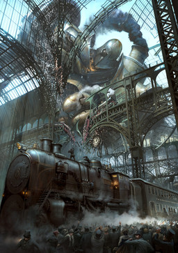 alternative_fashion amazing_background clock crowd destruction detailed_background group locomotive machine macro male not_furry realistic scared smoke steam_locomotive steampunk train vehicle marcin_jakubowski human mammal robot detailed hi_res