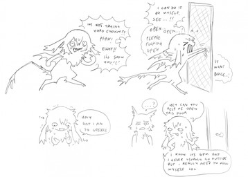 >_< ambiguous_gender anthro bodily_fluids clenched_teeth dialogue door duo ellipsis eyes_closed open_mouth open_smile profanity questioning_ellipsis semi-anthro sharp_teeth simple_background smile speech_bubble suicidal_ideation sweat tail teeth text white_background jejejunum wither_(jejejunum) nethermare 2025 black_and_white comic english_text hi_res monochrome sketch