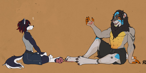 4_toes 5_fingers anthro athletic athletic_anthro athletic_male biped black_body black_fur bottomwear claws clothed clothed_anthro clothed_male clothing dialogue digitigrade duo feet finger_claws fingers fluffy fluffy_tail fully_clothed fully_clothed_anthro fully_clothed_male fur furgonomic_pants hair happy heterochromia highlights_(coloring) hindpaw male male_anthro mane markings mouth_closed muscular muscular_anthro muscular_male pawpads paws piercing red_highlights relaxed_expression shorts simple_background sitting small_ears smile striped_markings striped_tail stripes tail tail_markings toes topless topless_anthro topless_male topwear white_body white_fur fluffyminx minx_(fluffyminx) badger domestic_cat european_badger felid feline felis lion mammal meles mustelid musteline pantherine digital_drawing_(artwork) digital_media_(artwork) hi_res sketch
