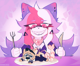 anthro bodily_fluids brown_hair clothing collar crying cutlery duo female female/female food fork fur hair imminent_vore jacket kitchen_utensils knife lying pink_background pink_eyes plate purple_hair red_eyes red_hair sad shrimp_(food) simple_background smile tears teeth tools topwear white_body white_fur conditional_dnp dexechii nova_(dexechii) domestic_cat felid feline felis mammal mustelid musteline true_musteline weasel hi_res