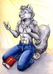 abs anthro bible_(object) black_nose blue_bottomwear blue_clothing blue_eyes blue_jeans blue_pants book bottomwear christian_cross christian_symbol christianity clothing cross cross_necklace denim denim_bottomwear denim_clothing eyebrows fur grey_body grey_fur head_tuft hindpaw humanoid_hands jeans jewelry kneeling light light_beam looking_up male male_anthro muscular muscular_anthro muscular_male necklace open_mouth open_smile pants pawpads paws pecs religion shirtless smile solo sunbeam sunlight tail teeth tuft xianjaguar bible canid canine canis mammal wolf 2001 full-length_portrait portrait shaded signature traditional_media_(artwork)