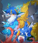 ahoge all_fours ambiguous_gender anal anal_penetration anthro black_ear_tips black_pawpads blue_body blue_claws bodily_fluids body_writing butt claws close-up cum cum_in_ass cum_in_mouth cum_inside cum_on_arm cum_on_butt cum_on_ground cum_on_hand cum_on_own_penis cum_on_penis cum_on_self cum_on_tongue cum_splatter cumshot dipstick_ears ear_markings ejaculation emanata faceless_character feet finger_claws floral_markings genital_fluids genitals group group_sex hair handjob handjob_while_penetrated looking_at_viewer male male/male markings multicolored_ears narrowed_eyebrows open_mouth oral oral_penetration pawpads penetration penile penile_penetration penis penis_in_ass penis_on_tongue sex tapering_penis tentacle_around_penis tentacle_around_waist tentacle_sex tentaclejob tentacles toeless_(marking) tongue writing_on_butt waru0130 mythology ambiguous_species dragon mythological_creature mythological_scalie scalie tentacle_creature absurd_res hi_res