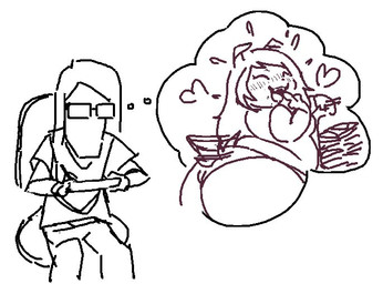 ambiguous_gender anthro artist belly big_butt blush blush_lines bodily_fluids bottomwear breasts butt chair clothed clothed_ambiguous clothed_male clothing dog_ears drawing drawing_tablet duo eating eyes_closed eyewear faceless_character faceless_human female female_anthro floppy_ears flying_sweatdrops furniture glasses happy heart_reaction heart_symbol imagination male male_human office_chair opaque_glasses overweight overweight_anthro overweight_female panties panties_only pants rectangular_glasses shirt sweat sweatdrop tail tail_motion tailwag thought_bubble topless topwear underwear underwear_only anonymous_artist anon wafer_(/feed/) canid canine canis domestic_dog human mammal 2025 black_and_white monochrome sketch