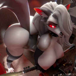 animal_ears anthro areola bent_over big_breasts big_butt biped breasts butt clothing collar eyebrows eyelashes female grey_hair hair hair_over_eye legwear nipples pupils ranged_weapon red_sclera rocket_launcher solo spiked_collar spikes tail thick_thighs thigh_highs weapon white_body lunar57 hellaverse helluva_boss mythology loona_(helluva_boss) canid canid_demon canine demon hellhound mammal mythological_canine mythological_creature 1:1 3d_(artwork) absurd_res digital_media_(artwork) hi_res