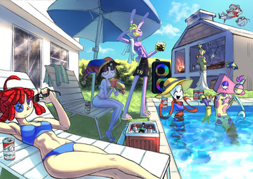 4_fingers ahoge alcohol aloha_shirt anthro backyard bandeau_bikini beach_umbrella beer beverage beverage_can bikini bikini_thong black_clothing black_eyes black_swimming_trunks black_swimwear blue_bikini blue_clothing blue_swimwear breasts brown_hair button_(fastener) button_eyes chair cleavage clothed clothing cooler detailed_background disembodied_hand doll eyelashes eyes_closed eyeshadow eyewear female fingers fireplace flip_flops flying food footwear fur furniture gloves grill group hair handwear hat headgear headwear holding_eyewear holding_object holding_sunglasses king_(chess) light-skinned_female light_body light_skin long_ears looking_at_viewer lounge_chair lounging makeup male mask medium_breasts medium_hair parasol partially_submerged pattern_bikini pattern_clothing pattern_shirt pattern_swimwear pattern_topwear pool_party poolside purple_body purple_eyeshadow purple_fur rag_doll_(toy) red_clothing red_gloves red_hair red_handwear ribbons sandals sandwich_(food) scut_tail shirt shoes short_tail sitting skimpy skimpy_bikini smile speaker strapless_bikini strapless_clothing strapless_swimwear striped_bikini striped_clothing striped_swimwear stripes sun_hat sunbathing sunglasses swimming_pool swimming_trunks swimwear tail teeth topwear towel two-piece_swimsuit water wet wet_body wet_fur wet_skin white_body white_skin yellow_clothing yellow_gloves yellow_handwear sema1lee budweiser glitch_productions the_amazing_digital_circus bubble_(tadc) caine_(tadc) gangle_(tadc) jax_(tadc) kinger_(tadc) pomni_(tadc) ragatha_(tadc) zooble_(tadc) animate_inanimate fabric_creature human humanoid lagomorph leporid living_bubble living_chess_piece living_doll living_mask living_toy mammal rabbit shape_head tooth_creature 2026 absurd_res digital_drawing_(artwork) digital_media_(artwork) hi_res nonbinary_(lore)