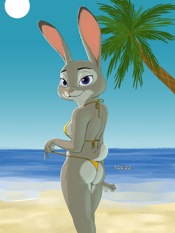 anthro beach bikini bikini_bottom bikini_pull bikini_top blue_sky breasts butt clothed clothing clothing_pull detailed_background ears_up female fur grey_body grey_fur looking_at_viewer looking_back looking_back_at_viewer outside palm_tree plant pose purple_eyes raised_tail rear_view sand sea seaside side_boob sky slim small_butt smile solo sun swimwear swimwear_pull tail tree two-piece_swimsuit water yellow_bikini yellow_clothing yellow_swimwear tggeko disney zootopia judy_hopps lagomorph leporid mammal rabbit 2022 3:4 pinup portrait three-quarter_portrait