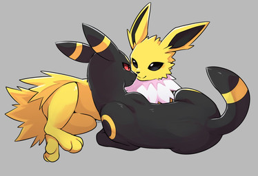 ambiguous_gender black_body black_ears black_fur black_nose black_tail duo feral fur paws red_sclera smile tail white_body white_fur yellow_body yellow_ears yellow_fur yellow_tail tsukune_minaga nintendo pokemon eeveelution generation_1_pokemon generation_2_pokemon jolteon pokemon_(species) umbreon 2024 hi_res