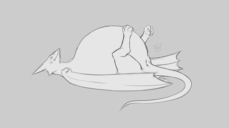 ambiguous_gender belly big_belly blush feral inflation lying on_back simple_background solo tail white_body wings lunhiss mythology dragon mythological_creature mythological_scalie scalie 16:9 2022 black_and_white digital_media_(artwork) monochrome sketch widescreen