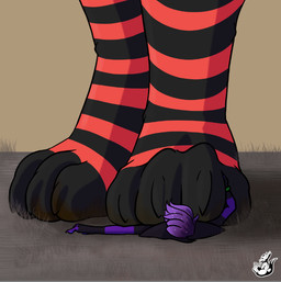 4_toes anthro black_body black_fur claws clothing cosmic_hair crush digitigrade dirty dirty_clothing dirty_feet dirty_socks duo ethereal_hair extreme_size_difference feet foot_fetish footwear fur legwear macro male male/male micro multicolored_body paws pinned pinned_to_ground purple_body purple_fur shrunk simple_background size_difference socks soles sparkles stepped_on stepping_on_chest stockings stomping stripes thigh_highs toes two_tone_body wristband unknown_artist kitsunaki tipples 2026 shaded