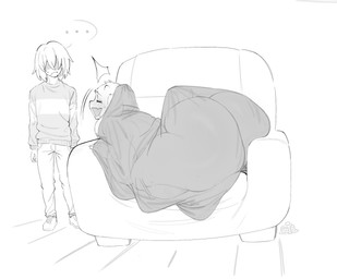 ambiguous_gender anthro armchair bedding big_butt blanket blush bottomwear breasts butt chair clothed clothing duo ellipsis eyes_closed female floppy_ears footwear furniture hair hair_over_eyes horn huge_butt nude on_chair pants pattern_clothing pattern_sweater pattern_topwear shoes striped_clothing striped_sweater striped_topwear stripes sweater tail topwear translucent_blanket pankekes7 deltarune undertale_(series) chairiel kris_dreemurr toriel boss_monster_(undertale) bovid caprine goat human mammal 2026 hi_res monochrome