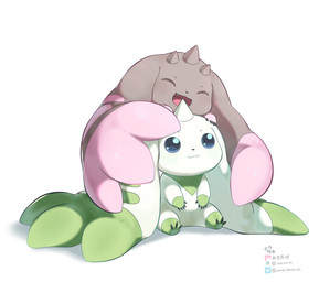 :3 anthro beady_eyes brown_body brown_fur chibi duo fur horn hug prehensile_ears simple_background sitting smile white_background white_body white_fur youzaiyouzai112 bandai_namco digimon digimon_(species) lopmon terriermon hi_res