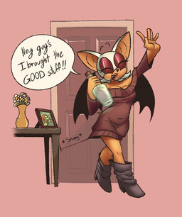 anthro bat_wings black_nose black_wings bottle breasts cleavage clothed clothing container dialogue drunk eyelashes eyes_closed eyeshadow female footwear front_view fur grey_clothing grey_footwear grey_shoes holding_bottle holding_container holding_object imminent_exposure makeup membrane_(anatomy) membranous_wings navel_outline open_mouth orange_body orange_fur pink_background pink_eyeshadow shoes simple_background solo speech_bubble string substance_intoxication sweater text thread topwear unravelling unravelling_clothing wardrobe_malfunction white_body white_fur wings brapplesauce sega sonic_the_hedgehog_(series) rouge_the_bat bat mammal hi_res