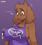 2_horns abstract_background anthro apron big_breasts blush bodily_fluids breasts brown_body brown_fur clothing ellipsis eyebrows eyelashes female floppy_ears frown fur horn lactating lactating_through_clothing mature_female milk side_boob solo sound_effects text wet wet_clothing cherrypix undertale_(series) toriel boss_monster_(undertale) bovid caprine goat mammal 2025 absurd_res artist_name hi_res
