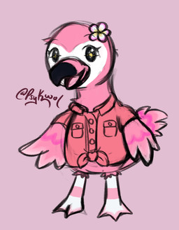 accessory anthro beak clothing feathers female flower flower_in_hair hair hair_accessory long_neck open_beak open_mouth pink_body pink_feathers plant red_clothing red_shirt red_topwear shirt smile solo tail tied_shirt topwear white_body wings psykwol animal_crossing nintendo flora_(animal_crossing) avian bird flamingo sketch