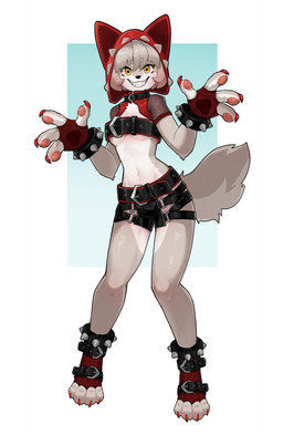 4_fingers anthro belt belt_bra black_belt bracelet breasts claws clothed clothing countershade_torso countershading female fingers footwear fur grey_body grey_fur jewelry red_claws red_clothing small_breasts solo spiked_bracelet spikes teeth under_boob yellow_eyes color_fox canid canine canis mammal wolf absurd_res full-length_portrait hi_res portrait
