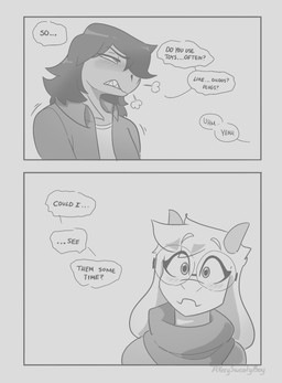 2_horns 2_panel_comic anthro blush blush_lines border breath clothed clothed_anthro clothed_female clothed_male clothing collared_shirt dialogue duo ellipsis eyebrows eyelashes eyewear female flesh_fang floppy_ears fur glasses grey_background grey_border hair horn male mouth_closed nervous question raised_eyebrows round_glasses scarf sharp_teeth shirt simple_background teeth text topwear wearing_glasses averysweatyboy deltarune undertale_(series) ralsei susie_(deltarune) bovid caprine goat mammal scalie 2023 artist_name comic english_text hi_res monochrome