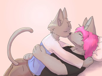 anthro big_breasts breasts clothed clothing duo female kissing male male/female overweight simple_background topwear arrier_jewolf mau_makan_apa exoworo gix_busok canid canine canis domestic_cat felid feline felis mammal 4:3