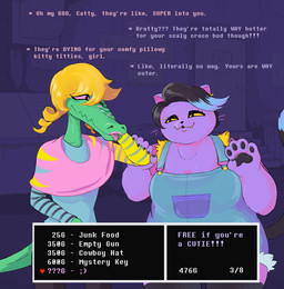 alley anthro big_breasts black_hair blonde_hair blue_highlights breasts claws clothed clothing colored_nails dialogue drill_curls duo ear_piercing eye_contact eyelashes fangs female fur gameplay_mechanics hair highlights_(coloring) lipstick looking_at_another makeup nails overweight overweight_female pawpads piercing pink_sclera purple_body purple_fur smile tail talking_to_another teeth text text_box tongue tongue_out trash_can yellow_sclera stitchword undertale undertale_(series) bratty_(undertale) catty_cattenheimer alligator alligatorid crocodilian domestic_cat felid feline felis mammal reptile scalie 2026 digital_media_(artwork) english_text hi_res