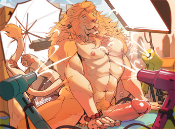 abs accessory anthro ball_tuft balls big_penis blep box bracelet building claws cloud container erection eyes_closed fur genitals hair hair_accessory jewelry lights male muscular muscular_male nipples nude outside pawpads penis pubes sky smile solo tail tongue tongue_out tuft window yoga werethrope felid lion mammal pantherine 2023 digital_media_(artwork)
