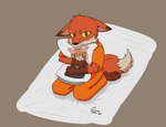 ailurid anthro back_to_the_dawn bed canid canine clothing crimsontome duo eyewear fox furniture glasses hi_res male mammal photo pillow prison_uniform red_panda reed_(bttd) simple_background solo suit thomas_(bttd)