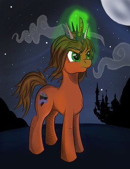 angry brown_hair cloud crown dark feral fur green_eyes hair headgear horn male moon night orange_body orange_fur outside palace silhouette sky solo standing star starry_sky wind ljaymlp hasbro my_little_pony mythology fan_character equid equine mammal mythological_creature mythological_equine unicorn hi_res