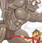 5_fingers abs anthro attack ballbusting bulge circuit_markings clothing cock_and_ball_torture crotch_attack duo fingers genital_torture hair horn male markings mohawk muscular muscular_male pain pecs red_hair scar speedo staff swimwear white6000 lifewonders tokyo_afterschool_summoners gyumao_(tas) hanuman_(tas) bovid bovine haplorhine mammal monkey primate hi_res