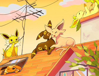 ambiguous_gender blush blush_lines building cloud eyes_closed feral group looking_at_another on_roof one_eye_closed open_mouth open_smile outside plant quadruped rooftop sky smile tree window komanyachi nintendo pokemon eeveelution espeon flareon generation_1_pokemon generation_2_pokemon generation_4_pokemon jolteon leafeon pokemon_(species) umbreon colored digital_drawing_(artwork) digital_media_(artwork) hi_res shaded