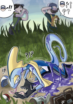 5_fingers all_fours ambiguous_gender anthro black_body black_skin blue_body blue_clothing blue_hat blue_headwear blue_skin blurred_background clothing day exclamation_point fingers forced forced_transformation frill_(anatomy) gloves_(marking) grass green_clothing green_shirt green_topwear group hair hat head_crest head_frill headgear headwear human_to_anthro interrobang long_tongue markings membrane_(anatomy) membranous_frill mid_transformation multicolored_body multicolored_skin outside plant pokeball purple_goo question_mark shirt short_hair sky species_transformation speech_bubble standard_pokeball standing tan_body tan_skin tongue tongue_out topwear transformation white_body white_skin yellow_body yellow_eyes yellow_frill yellow_skin sh_in_ys nintendo pokemon pokemon_trainer generation_8_pokemon human inteleon mammal pokemon_(species) hi_res