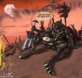 anthro claws genitals humanoid_genitalia humanoid_penis male melee_weapon penis solo sword text weapon rookiehiller dark_souls elden_ring fromsoftware blaidd_(elden_ring) canid canine canis mammal wolf absurd_res english_text hi_res