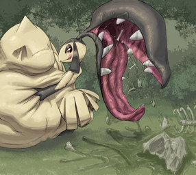 ambiguous_gender ambiguous_prey balls bodily_fluids bone coughing_bodily_fluids digestion fatal_vore genitals licking licking_lips looking_at_object male rib_cage saliva size_difference skull smaller_pred tongue tongue_out vore yellow_body .f_9578 nintendo pokemon generation_3_pokemon mawile pokemon_(species)