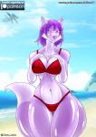 anthro beach belly big_breasts bikini breasts camel_toe cleavage clothed clothing cloud curvy_figure day eyebrows female fluffy fluffy_tail fully_clothed hair half-closed_eyes hand_on_breast humanoid_hands light long_hair looking_at_viewer multicolored_body narrowed_eyes navel nipple_outline purple_body purple_hair purple_nose sand seaside sky small_waist smile snout solo standing sunlight swimwear tail thick_thighs thigh_gap two-piece_swimsuit two_tone_body voluptuous water white_belly white_body wide_hips libra-11 murasa_(libra-11) canid canine fox goo_creature hybrid mammal digital_media_(artwork) hi_res