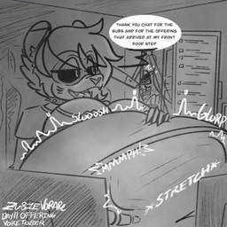 abdominal_bulge ambiguous_gender anthro anthro_pred arms_tied big_breasts black_sclera bodily_noises bound breasts chair cleavage clothed clothing collar detailed_background dialogue different_sound_effects digestion digestion_noises door duo extended_sound_effect female female_pred fully_inside furniture glorp hand_on_belly inside looking_at_another muffled navel offscreen_character on_chair onomatopoeia open_mouth rumbling_stomach sitting sitting_on_chair slosh sloshing_belly sound_effect_variant sound_effects speech_bubble spiked_collar spikes stretch_(sound_effect) talking_to_another text thank_you thanking vore vowelless vowelless_vocalization zusie zusie_vorare emmy_dook domestic_ferret mammal mustelid musteline true_musteline weasel 1:1 digital_drawing_(artwork) digital_media_(artwork) english_text greyscale hi_res monochrome gynomorph_(lore)