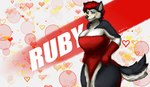 anthro big_breasts black_body black_fur blue_eyes breasts clothing dress female fur hair huge_breasts red_clothing red_dress red_hair ruby_(limbo6_6) solo thick_thighs wide_hips limbo6_6 canid canine canis domestic_dog husky mammal nordic_sled_dog spitz