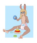 4_toes anthro blonde_hair blue_eyes bunnyhopps_(diaper) clean_diaper clothed clothing diaper feet female hair happy holding_object padding playing simple_background solo toes toy wearing_diaper octojo abuniverse bunnyhopps susie_(octojo) lagomorph leporid mammal rabbit hi_res