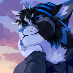 anthro black_body black_fur black_hair blue_body blue_eyes blue_fur blue_nose cheek_tuft closed_smile clothed clothing cloud detailed_background facial_tuft fangs fur glistening glistening_eyes grey_body grey_clothing grey_fur grey_hoodie grey_topwear hair hoodie low-angle_view male mouth_closed narrowed_eyes neck_tuft outside sky smile solo teeth topwear tuft unsigned white_body white_fur white_hair corzh77 felid feline lynx mammal 1:1 absurd_res bust_portrait detailed hi_res icon portrait