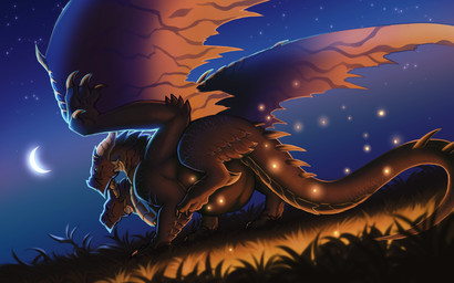 2_heads abdominal_bulge after_vore black_body blue_light crescent_moon duo feral field gold_scales grass horn light looking_at_viewer looking_back looking_back_at_viewer moon moonlight multi_head oral_vore plant scar sky spikes spikes_(anatomy) star starry_sky tail vore warm_lighting winged_arms wings yellow_horn wriithe mythology calaverd_and_krennerverd_(sir_squawk) arthropod beetle dragon elateroid firefly insect mythological_creature mythological_scalie scalie 16:10 absurd_res hi_res widescreen