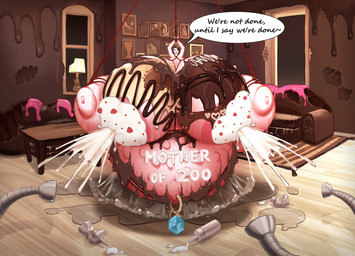 anthro arms_tied bdsm belly belly_expansion belly_piercing big_belly big_breasts bodily_fluids bondage bound breasts candy chocolate chocolate_sauce dairy_products dessert expansion feeder feeding_tube female food food_fetish food_play fruit genital_fluids gushing huge_belly huge_breasts hyper hyper_belly hyper_breasts lactating medical_instrument multi_breast obese outie overweight plant pregnant pregnant_female projectile_lactation scientific_instrument solo strawberry stretch_marks text whipped_cream yue0sha avian humanoid absurd_res english_text hi_res huge_filesize