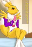3_fingers anthro armwear bandai_namco bed biped black_nose black_sclera blush breasts canid canine chest_tuft claws clothing digimon digimon_(species) dildo elbow_gloves female fid fingers fur furniture gloves green_eyes handwear hi_res inside japanese_text mammal raised_tail renamon sex_toy sitting small_breasts solo tail text translated tuft vibrator white_body white_fur yellow_body yellow_fur yin_yang