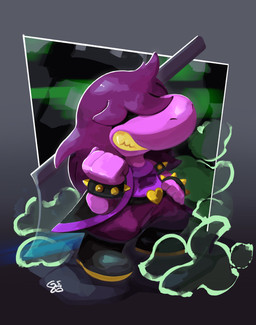 axe belt boots bottomwear bracelet clothing female fingers fist footwear hair hair_over_eyes jewelry long_hair melee_weapon pants purple_body purple_hair semi-anthro shirt shoes smile solo spiked_bracelet spikes teeth topwear weapon yellow_teeth gyosho deltarune undertale_(series) susie_(deltarune) dinosaur prehistoric_species reptile scalie 2022 absurd_res digital_media_(artwork) hi_res signature