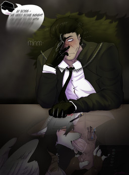 anthro ball_grab balls blush bodily_fluids chair covering covering_face dialogue drooling drooling_on_penis duo fellatio female furniture genitals greeting kneeling male male/female office_setting on_chair oral penile saliva sex shaking sitting sitting_on_chair sloppy_blowjob sweating_profusely trembling under_table wobbly_mouth archangellic mafioso(arch) sylvia(arch) human mammal unknown_species hi_res