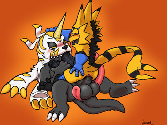 2_penises anal anal_penetration balls blush duo fellatio foreskin genitals humanoid_genitalia humanoid_penis male male/male multi_genitalia multi_penis oral penetration penile penis sex vein conditional_dnp vanzard bandai_namco digimon fan_character digimon_(species) gabumon gekkomon absurd_res hi_res
